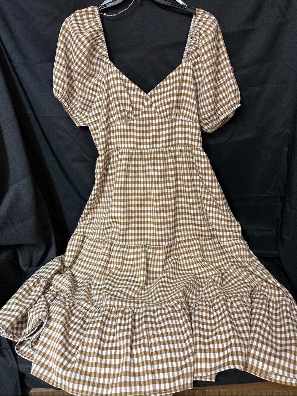ARULA Brown and White Gingham Puff-Sleeve Midi Dress